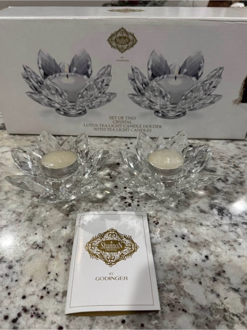 Vintage Shannon Crystal by Godinger Lotus Tea Light Candle Holder Set 2 NIB
